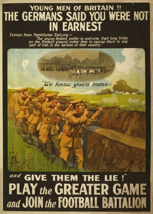 Vintage British WW1 Propaganda 'Join The Football Battallion. Young Men of England', England, 1914-18, Reproduction 200gsm A3 Vintage British Propaganda Poster