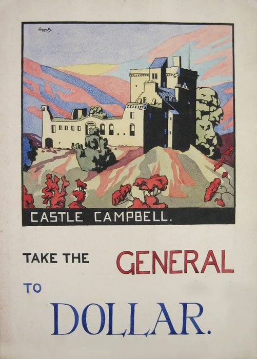 Vintage Travel Scotland 'Castle Campbell, Clackmannanshire, with Scottish General Omnibus Company', 1927, Reproduction 200gsm A3 Vintage Art Deco Travel Poster