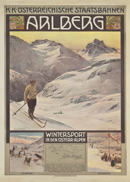 Vintage Travel Austria 'Arlberg Winter Sport in The Alps', 1910, Reproduction 200gsm A3 Vintage Skiing and Winter Sport Poster