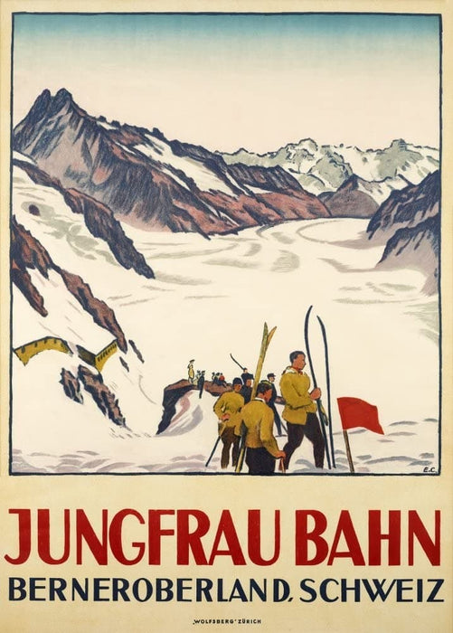 Vintage Travel Switzerland 'Jungfrau BernerOberland', 1928, Reproduction 200gsm A3 Vintage Art Deco Skiing and Winter Sports Travel Poster
