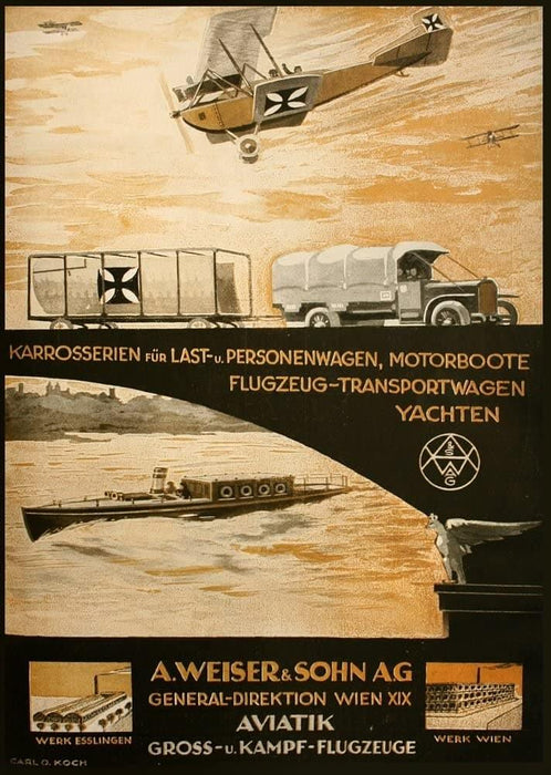 Austrian WW1 1914-18 Aviation 'A. Weiser and Son Aeroplanes, Yachts, Cars, Motorbikes and Trucks', Reproduction 200gsm A3 Vintage Propaganda Poster - World of Art Global Limited