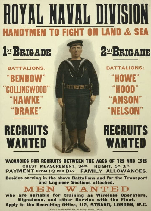 Vintage British WW1 Propaganda 'Royal Navy Recruitment. Handymen to Fight on Land and Sea', England, 1914-18, Reproduction 200gsm A3 Vintage British Propaganda Poster