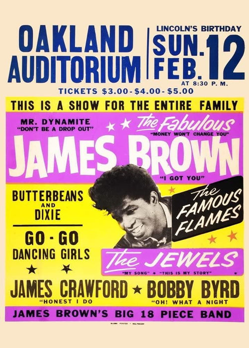 Vintage Music 'James Brown and Bobby Byrd Live at Oakland Auditorium', U.S.A, 1960's, Reproduction 200gsm A3 Vintage Soul Music Poster