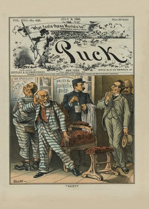 Vintage Barbershop and Salon 'A Prison Barbershop', Puck Magazine, U.S.A, 19th Century, Reproduction 200gsm A3 Vintage Barbershop Poster