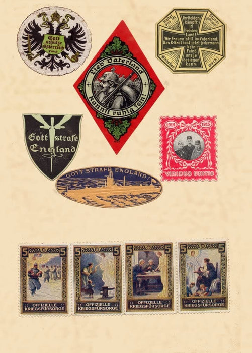 Vintage German WW1 Propaganda 'Stamps, Seals and Badges, Plate 3,' Germany, Austria, Hungary, 1914-18, Reproduction 200gsm A3 Vintage German Propaganda Poster