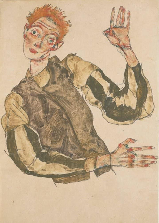 Egon Schiele 'Self-Portrait with Striped Armlets', Austria, 1915, Reproduction 200gsm A3 Vintage Classic Art Poster - World of Art Global Limited