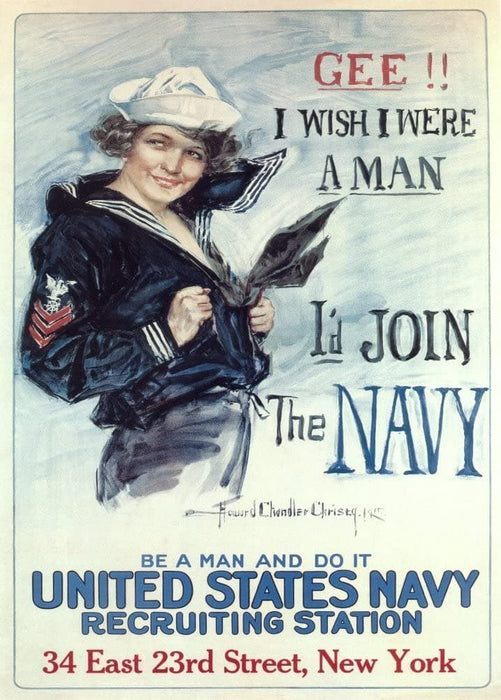 Vintage U.S WW1 Propaganda 'Gee! I Wish I were a Man, I'd Join The Navy', Reproduction 200gsm A3 Vintage U.S Propaganda Poster