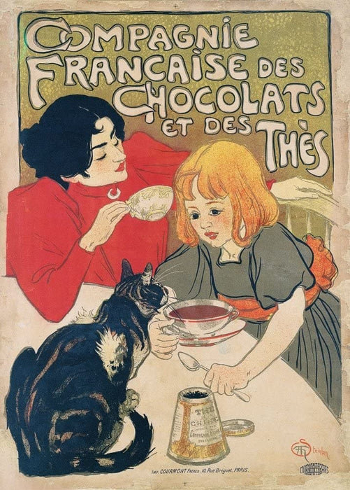 Vintage Coffee, Teas and Hot Drinks 'Compagnie Francaise des Chocolats et ed Thes', France, 1895, Theophile Steinlen, Reproduction 200gsm A3 Vintage Art Nouveau Poster