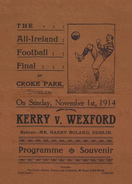 Vintage Football 'All-Ireland Football Final. Kerry vs Wexford, Croke Park, Dublin', Ireland, 1914, Reproduction 200gsm A3 Vintage Football Poster