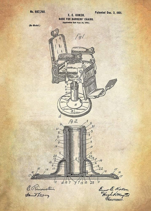 Vintage Barbershop and Salon 'Barber Chair, Patent', U.S.A, 1901, Reproduction 200gsm A3 Vintage Barbershop Poster