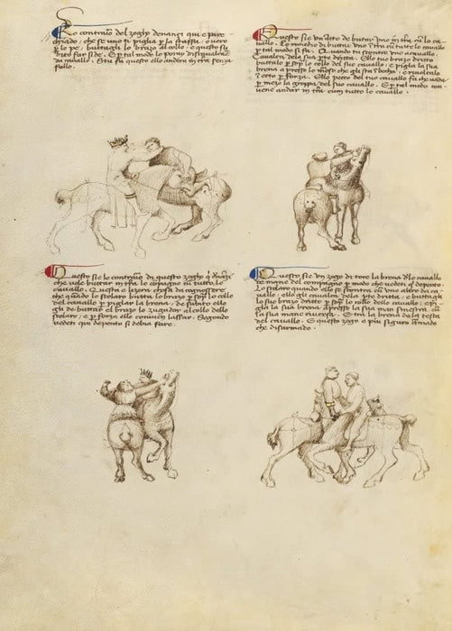 Vintage Martial Arts 'Unarmed Equestrian Battle', from 'Fior di Battaglia', Italy, 14th Century, Reproduction 200gsm A3 Swordfighting, Armed Combat and Self-Defence Poster