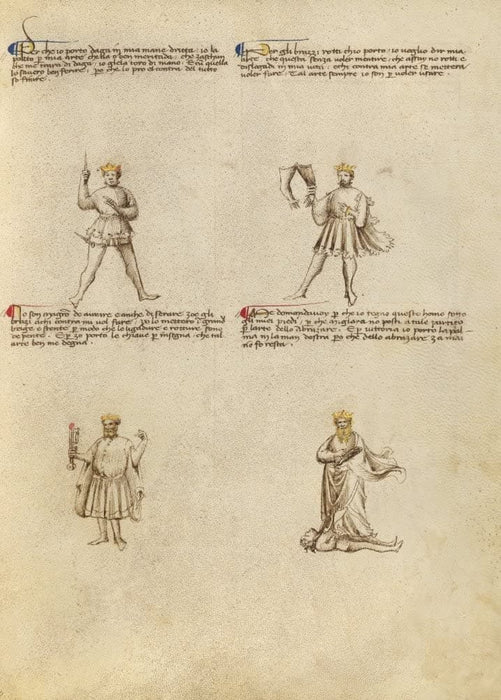 Vintage Martial Arts 'Four Allegorical Figures', from 'Fior di Battaglia', Italy, 14th Century, Reproduction 200gsm A3 Swordfighting, Armed Combat and Self-Defence Poster