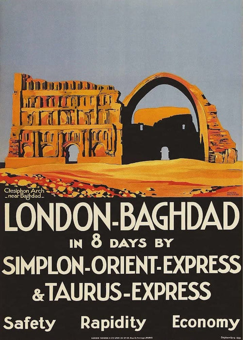 Vintage Travel Iraq 'Orient Express in Eight Days in Eight Days from London to Baghdad', 1931, Reproduction 200gsm A3 Vintage Art Deco Travel Poster