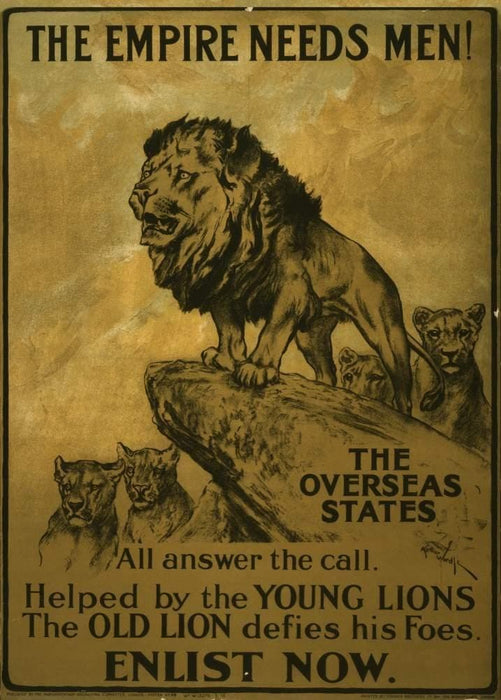 Vintage British WW1 Propaganda 'Helped by The Young Lions Defies his Foes', England, 1914-18, Reproduction 200gsm A3 Vintage British Propaganda Poster
