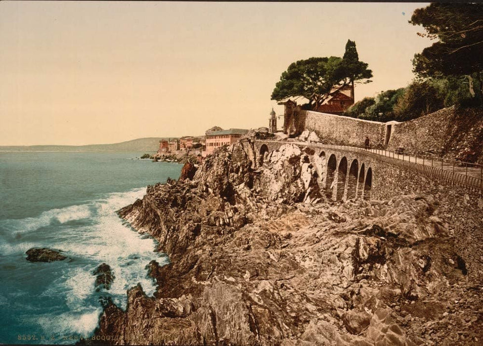 Vintage Travel Italy 'The Cliffs of Quinto, Nervi, Genoa', Circa. 1890-1910, Reproduction 200gsm A3 Vintage Travel Photography Poster