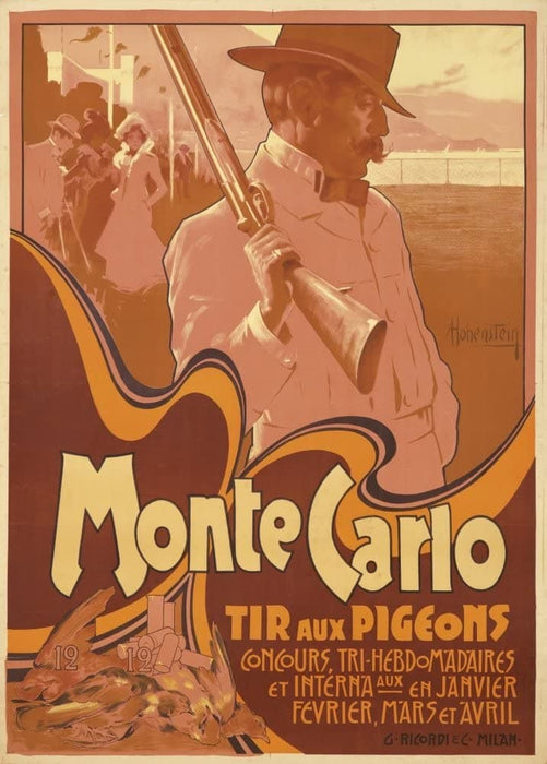 Vintage Travel Monaco 'Monte Carlo Pigeon Hunting Season', 1900, Adolfo Hohenstein, Reproduction 200gsm A3 Vintage Art Nouveau Travel Poster