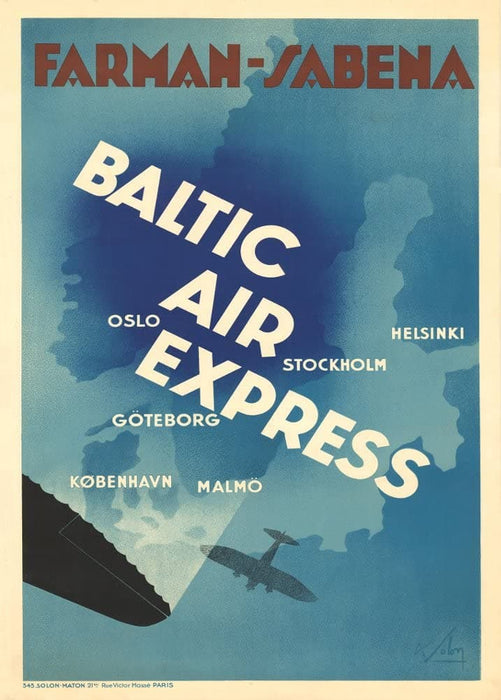 Vintage Travel Scandinavia 'Norway, Sweden, Denmark and Finland with Baltic Air Express', Sweden, 1931, Reproduction 200gsm A3 Vintage Art Deco Travel Poster