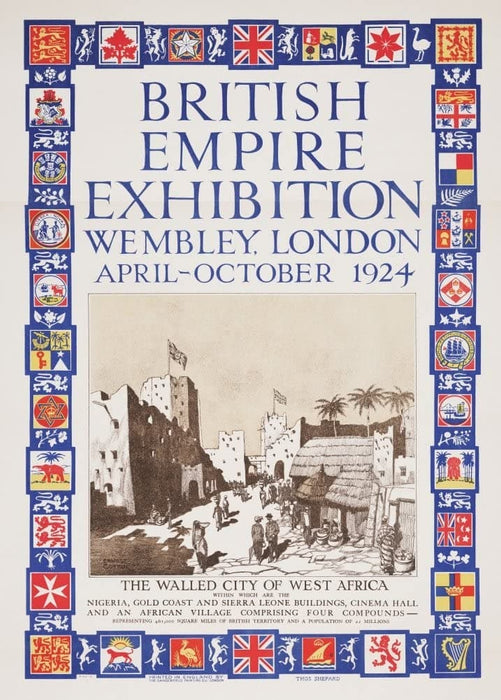Vintage Travel England 'British Empire Exhibition, Wembley, London. The Walled City of West Africa', 1924, Reproduction 200gsm A3 Vintage Art Deco Travel Poster