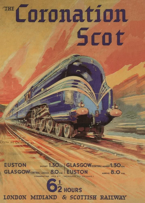 Vintage Travel Scotland 'Coronation Scot from Glasgow to Euston in Six Hours', 1937, Reproduction 200gsm A3 Vintage Travel Poster