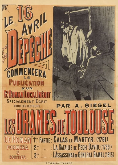 Henri de Toulouse-Lautrec 'Les Drames de Toulouse', France, 1895, Reproduction 200gsm A3 Vintage Classic Art Nouveau Poster