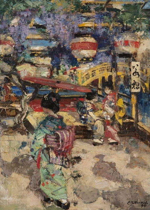 Edward Atkinson Hornel 'Figures with Lanterns and Bridge in Japan', 1894, Scotland, Reproduction 200gsm A3 Vintage Classic Art Poster - World of Art Global Limited