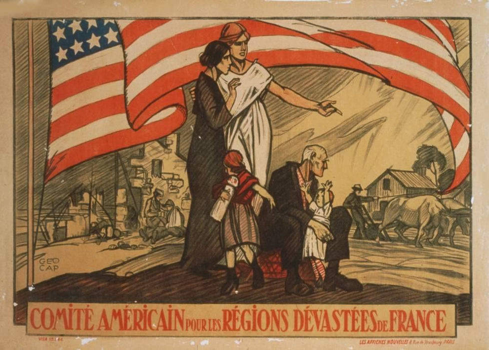 Vintage French WW1 Propaganda 'American Committee for The Devastated Regions of France', France, 1914-18, Reproduction 200gsm A3 Vintage French Propaganda Poster