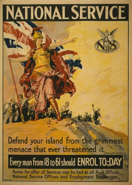 Vintage British WW1 Propaganda 'Defend Your Island from The Grimmest Enemy That has Ever Invaded', England, 1914-18, Reproduction 200gsm A3 Vintage British Propaganda Poster
