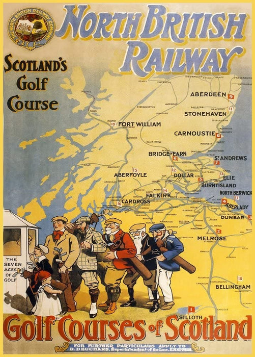 Vintage Golf 'The Golf Courses of Scotland with North British Railways', Reproduction 200gsm A3 Vintage Golfing and Travel Poster