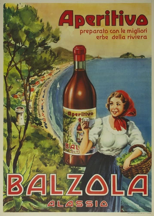 Vintage Beers, Wines and Spirits 'Balzola Aperiva, Alassio', Italy, 1950's, Reproduction 200gsm A3 Vintage Poster