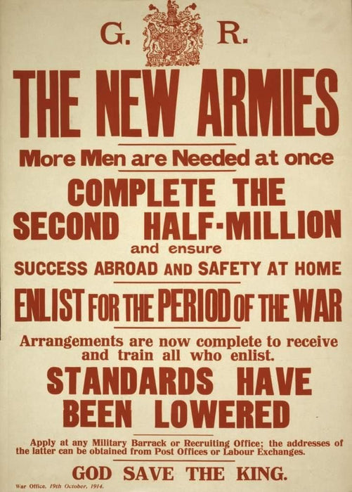 Vintage British WW1 Propaganda 'The New Armies. Standards Have Been Lowered', England, 1914-18, Reproduction 200gsm A3 Vintage British Propaganda Poster