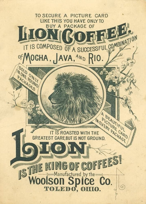 Vintage Coffee, Teas and Hot Drinks Lion Coffee, A Combination of Mocha, Java and Rio', Germany, 1800's, Reproduction 200gsm A3 Vintage Poster