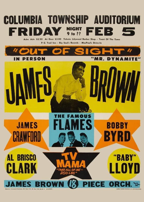 Vintage Music 'James Brown Live with The Famous Flames and Bobby Byrd at The Columbia Township Auditorium', U.S.A, 1960's, Reproduction 200gsm A3 Vintage Soul Music Poster