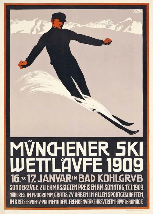 Vintage Travel Germany 'Munchener Ski Wettlavfe', 1909, Reproduction 200gsm A3 Vintage Art Deco Skiing and Winter Sport Poster