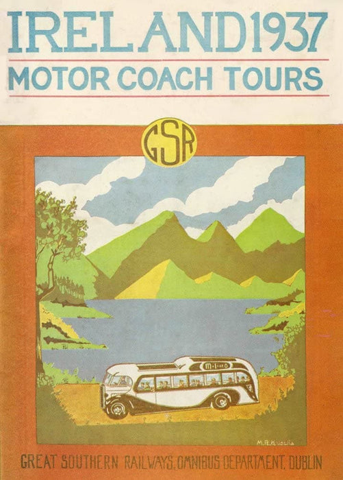 Vintage Travel Ireland 'Motor Coach Tours from Dublin with Great Southern Railways', 1937, Reproduction 200gsm A3 Vintage Art Deco Travel Poster