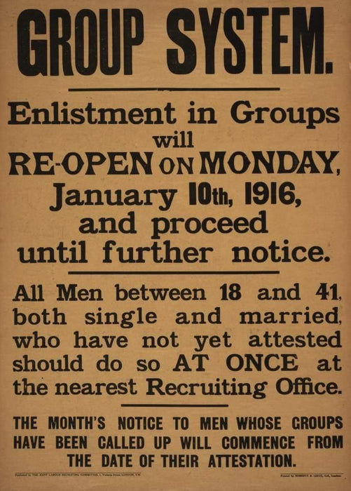 Vintage British WW1 Propaganda 'Enlistment in Group Reopens on Monday', England, 1914-18, Reproduction 200gsm A3 Vintage British Propaganda Poster