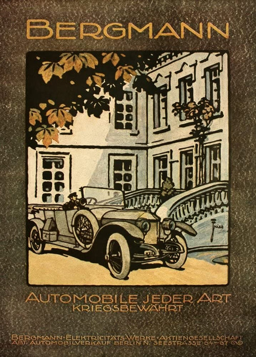Vintage Automobile 'Bergman Automobile Manufactureres, Strasbourg', Germany, 1914-18, Reproduction 200gsm A3 Vintage German WW1 Automobile Poster