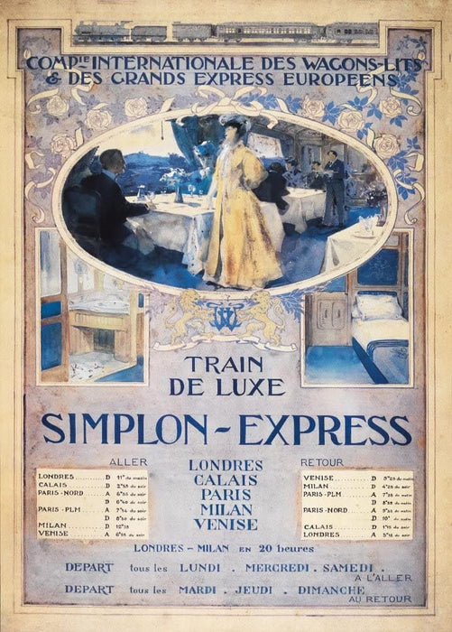 Vintage Travel Europe 'Simplon Express from London to Calais, Paris m Milan and Venice', 1906, Reproduction 200gsm A3 Vintage Travel Poster