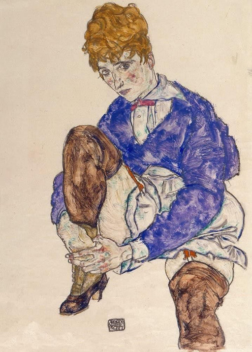 Egon Schiele 'Portrait of The Artist's Wife Seated, Holding Her Right Leg', Austria, 1917, Reproduction 200gsm A3 Vintage Classic Art Poster - World of Art Global Limited