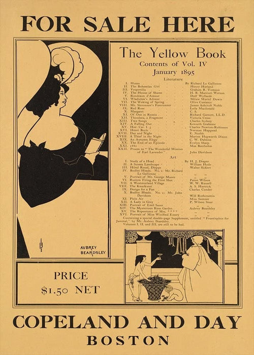 Vintage Literature 'The Yellow Book for Sale Here', U.S.A, 1895, Aubrey Beardsley, Reproduction 200gsm A3 Vintage Art Nouveau Poster