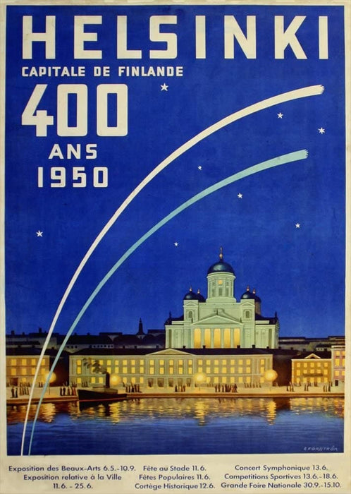 Vintage Travel Finland 'Helsinki for The Exposition des Beaux-Arts and Symphony Concerts', 1950, Reproduction 200gsm A3 Vintage Art Deco Travel Poster