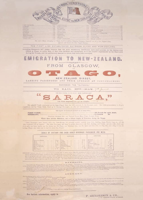 Vintage Travel New Zealand 'Emigration from Glasgow, Scotland on The Otago and The Saraca', 1884, Reproduction 200gsm A3 Vintage Travel Poster Poster