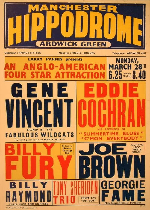 Vintage Rock n' Roll 'Gene Vincent at The Manchester Hippodrome with Eddie Cochran, Billy Fury, Joe Brown and Georgie Fame, England, 1960, Reproduction Vintage 200gsm A3 Rock n' Roll Music Poster