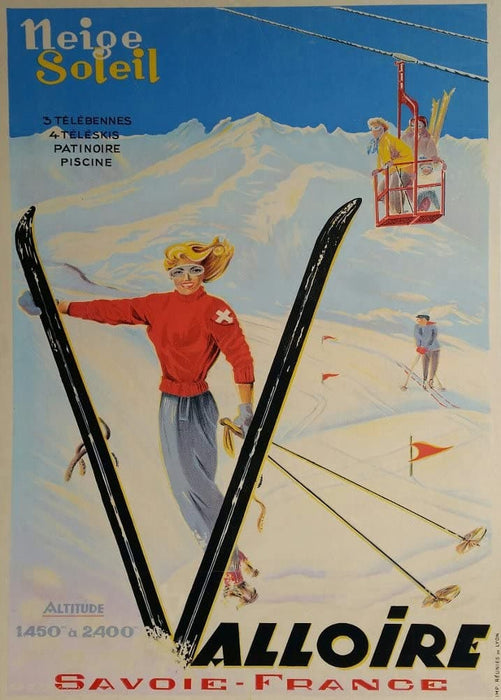 Vintage Travel France 'Valloire, Savoie', 1930's, Reproduction 200gsm A3 Vintage Art Deco Skiing and Winter Sport Poster