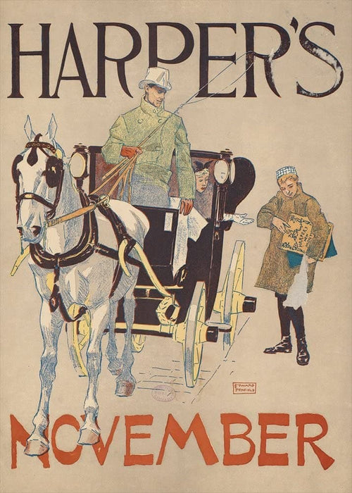 Vintage Literature 'A Lady in a Horse Drawn Carriage' from 'Harper's Magazine', U.S.A, Circa. 1890's, Edward Penfield, Reproduction 200gsm A3 Vintage Art Nouveau Poster