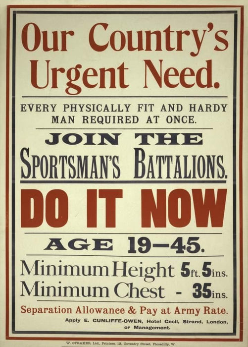 Vintage British WW1 Propaganda 'Join The Sportsman Battalion', England, 1914-18, Reproduction 200gsm A3 Vintage British Propaganda Poster