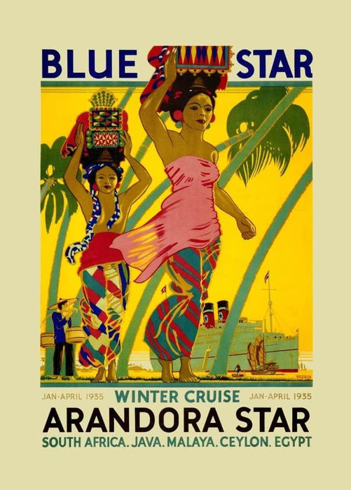Vintage Travel 'Blue Star and Arandora Star for Winter Crusies to South Africa, Indonesia, Malaysia, Sri Lanka and Egypt', England, 1935, Reproduction 200gsm A3 Vintage Art Deco Travel Poster