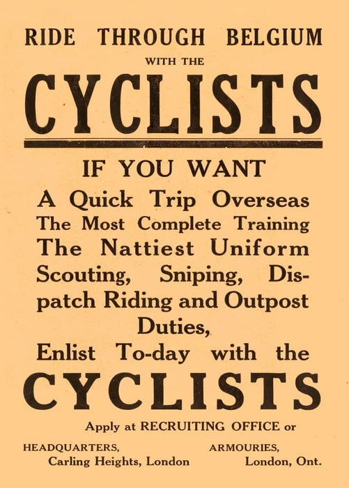 Vintage Cycling 'British Army Recruitment. Ride Through Belgium with The Cyclists', England, WW1, 1914-18, Reproduction 200gsm A3 Vintage Cycling Propaganda Poster