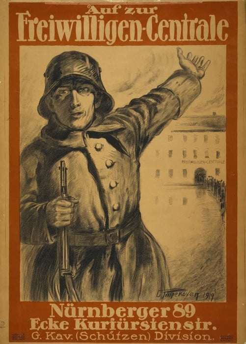 Vintage German WW1 Propaganda 'Nuremburg Volunteer Central', Germany, 1914-18, Reproduction 200gsm A3 Vintage German Propaganda Poster