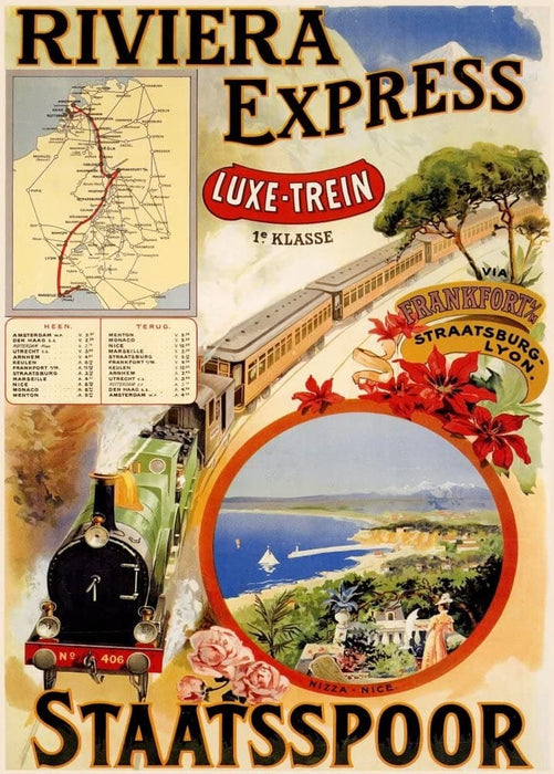 Vintage Travel Europe 'Riviera Express to Amsterdam, Frankfurt, Marseille, Monacco and More', 1901, Reproduction 200gsm A3 Vintage Travel Poster
