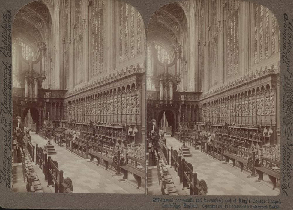 Vintage Travel England 'Cambridge, Carved Choir-Stalls and Fan-vaulted roof of King's College Chapel', 1890's, Reproduction 200gsm A3 Vintage Photography and Travel Poster